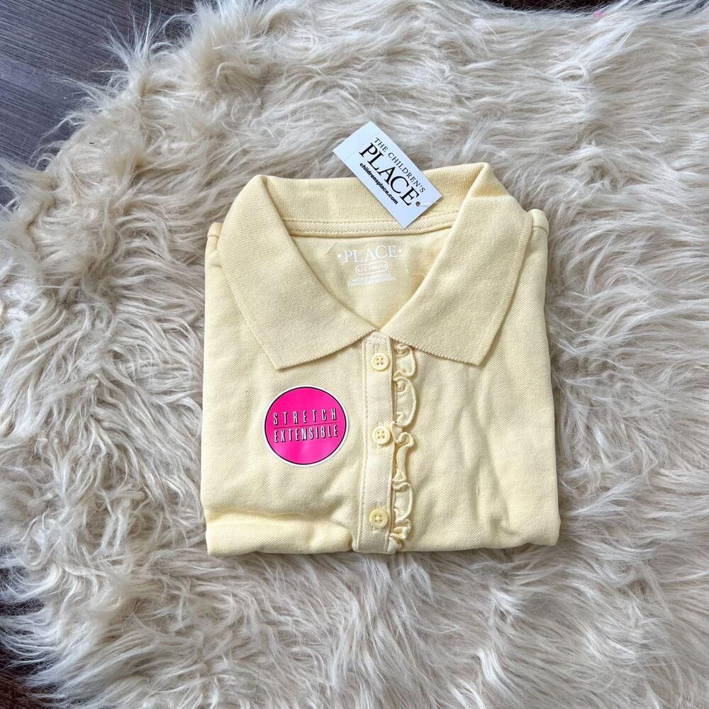 NWT Girls Uniform Ruffle Soft Stretch Pique Polo - Yellow Size L 10 / 12